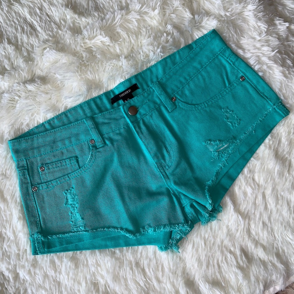 Forever 21 Turquoise/Teal Cotton Denim Shorts Size
